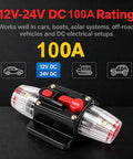 100 Amp Manual Reset Dc Circuit Breaker Built Tough For 12V To 48V Systems, featuring a toggle switch for reliable overload protection.