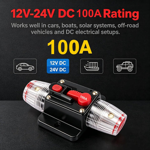 100 Amp Manual Reset Dc Circuit Breaker Built Tough For 12V To 48V Systems, featuring a toggle switch for reliable overload protection.