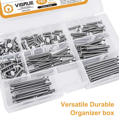 Straight Up Heavy Duty White Outlet Screws Kit For Wall Plate And Device Mounting Extra Long Machine Fasteners With Slotted Oval Heads in organizer box.