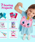 Child holding Kitty-Corn purse from Kids Sewing Kit For Beginners: 6 Easy Projects Like Unicorn And Mermaid Pillows, Accessories Organizer