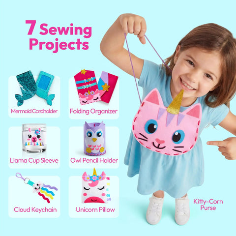 Child holding Kitty-Corn purse from Kids Sewing Kit For Beginners: 6 Easy Projects Like Unicorn And Mermaid Pillows, Accessories Organizer