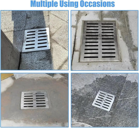 Tough As Nails Square Catch Basin Drain Grate 304 Stainless Steel Drainage Cover installed in various outdoor settings.