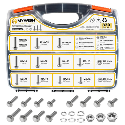 830 Piece Metric Bolt Kit With M6 M8 M10 Flange Hex Head Screws M6x1.0 M8x1.25 M10x1.5 304 Stainless Steel Serrated Nuts And Washers Flat And Spring Washers Grab And Go Hardware Set in plastic case and layout