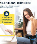 Woman sitting on a chair using thick memory foam armrest pads for office and gaming chairs cushy elbow support anti slip arm rests.