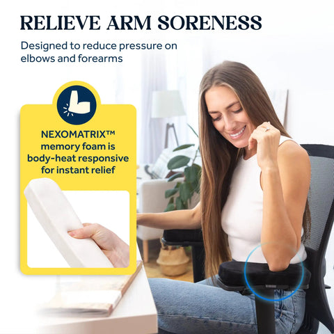 Woman sitting on a chair using thick memory foam armrest pads for office and gaming chairs cushy elbow support anti slip arm rests.