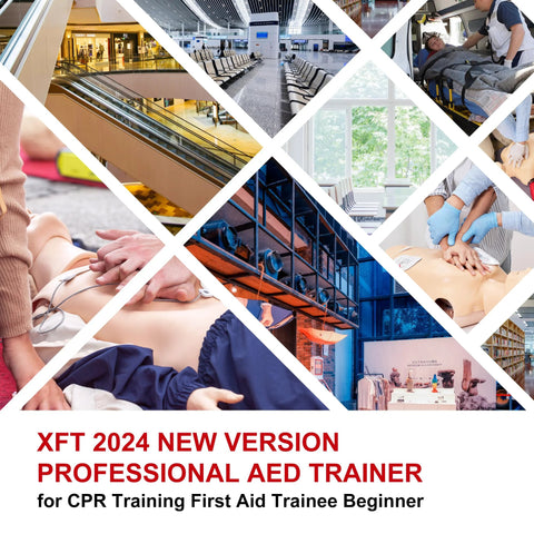 XFT-120N AED trainer cover; collage of CPR training scenes and bold red title text
