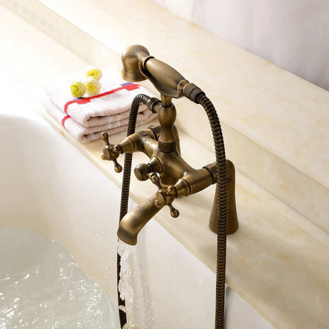 Antique Vintage Brass 6 Inch Centers Two Handle Clawfoot Bathtub Faucet Set With Deck Mounted Shower Combo Hand Shower Included, Retro Vibe, Wall Mount, Antique Brass Finish, 1.8 GPM, Two Holes