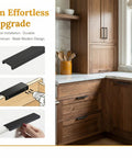 Kitchen with wooden cabinets featuring Two Pack Matte Black Flat Cabinet Pulls With Finger Edge Handles For Drawers And Doors 80mm Center 3.15 Inch Length Low Profile Hidden Hardware Modern Style For Kitchen Cabinets Furniture Renovation And DIY Makeovers installed.