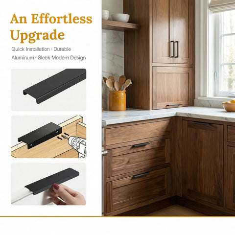 Kitchen with wooden cabinets featuring Two Pack Matte Black Flat Cabinet Pulls With Finger Edge Handles For Drawers And Doors 80mm Center 3.15 Inch Length Low Profile Hidden Hardware Modern Style For Kitchen Cabinets Furniture Renovation And DIY Makeovers installed.