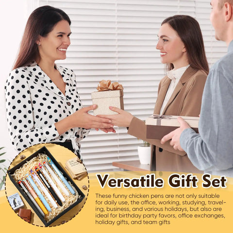 Three people exchanging gifts with a box of 16 Penguin Pens With 0.5mm Retractable Tips, Totally Cute Cartoon Kawaii 3D Penguin Topper.