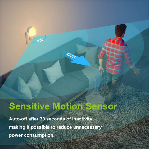 Man walking past Plug In Motion Sensor Night Light Two Pack With Dusk To Dawn in living room, showing sensor range and auto-off features.