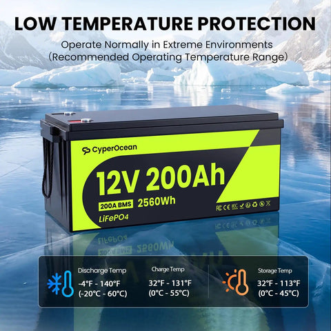 12V 200Ah LiFePO4 Deep Cycle Battery With 2560Wh Heavy Duty 200A BMS Low Temp Cutoff in icy environment