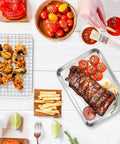 Stainless Steel Baking Sheet With Wire Rack For Toaster Oven, 10.5 By 8.3 Inches, holding grilled meat and veggies on table