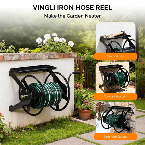 Garden Hose Reel Wall Mounted With 175 Ft Capacity For Three Quarter Inch Hose Heavy Duty Space Saving Rolling Design Metal Outdoor Use