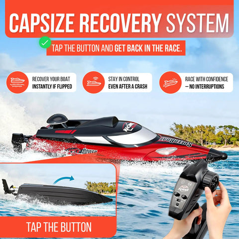 Turbo 18 Inch High Speed Remote Control Boat For Adults Up To 21 MPH, Self Righting RC Boat demonstrating capsize recovery system