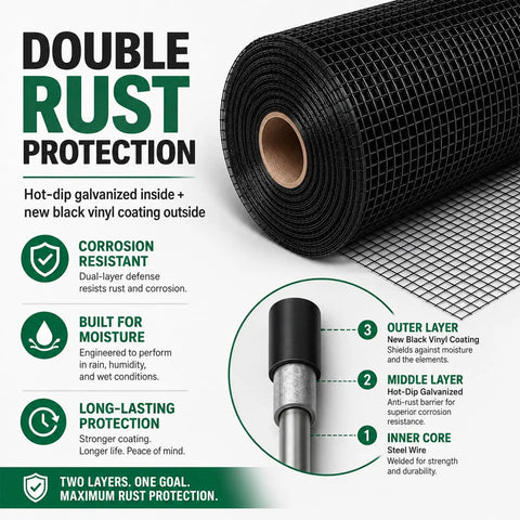 Kickass Rust Proof Vinyl Coated Hardware Cloth Half Inch Mesh 48 By 100 Feet 19 Gauge Galvanized Wire Fencing roll with black vinyl coating.