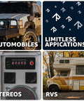 Images of automobiles, stereos, RVs, and limitless applications illustrating uses for 22 AWG UL1007 Tinned Copper Hook Up Wire