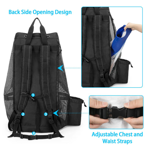 XL Mesh Scuba Diving Bag Backpack For Fins Mask Wetsuit Snorkeling Gear, Large Empty Bag Only, back and strap details
