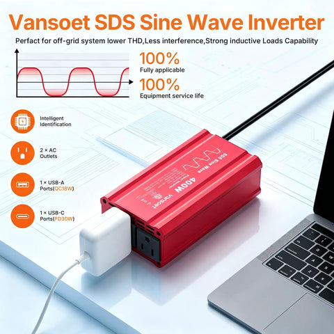 Heavy Duty Car Power Inverter Dc 12V To Ac 110V With Pd Fast Charging Dual Usb Ports and Two Standard Outlets for electronics.