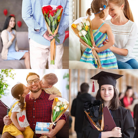 People using 50 Pack Flower Wrapping Bags For Bouquets, Kraft Paper Floral Packing Sleeves, Clear Flower Wrapping Sleeves For Graduation, Wedding, Birthday, Valentines Day Gifts, 9.8x3.9x17.9 Inch in various celebrations