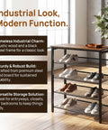 Boss-Level Five-Tier Industrial Shoe Rack With Metal Mesh Shelves in rustic brown and black, placed by a window in a living space.