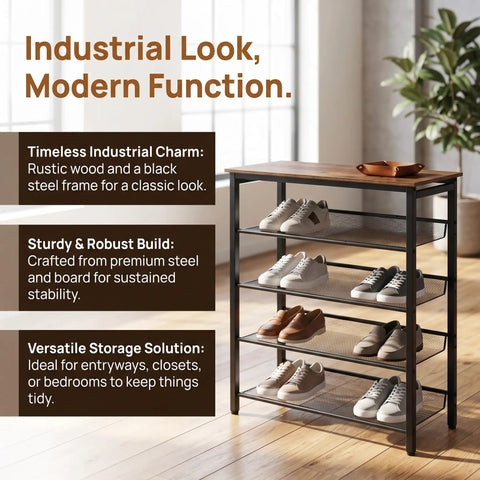 Boss-Level Five-Tier Industrial Shoe Rack With Metal Mesh Shelves in rustic brown and black, placed by a window in a living space.
