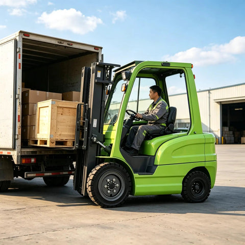 Badass Low Noise Electric Forklift Heavy Duty Pallet Lifter Truck for Warehouse loading cargo onto truck with wooden crate.