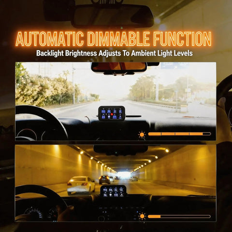 Beefy 8 Gang Offroad Switch Panel With Auto Dimmable LED Backlight in use, showing brightness adjustment with road scenes.