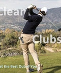 Golfer swinging club with Golf Club Cleaner Kit attached, featuring 4oz water bottle and groove cleaner retainer clip.