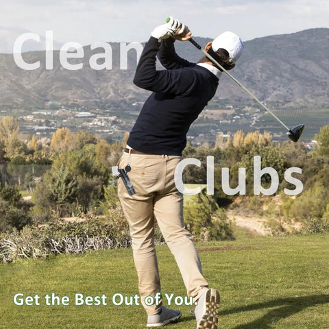 Golfer swinging club with Golf Club Cleaner Kit attached, featuring 4oz water bottle and groove cleaner retainer clip.