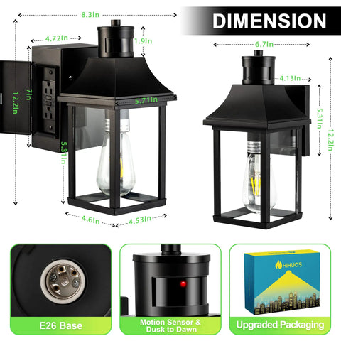 Porch Light With GFCI Outlet and Dusk to Dawn Motion Sensor, weatherproof black outdoor fixture with box packaging, set of 2
