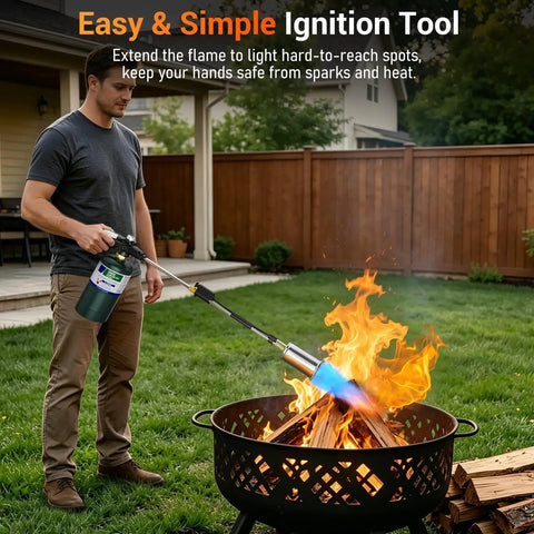 Heavy Duty Propane Weed Torch With 30 Inch Long Arm Flamethrower tough as nails design igniting fire in fire pit.