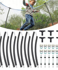 Heavy Duty 6 Pack Curved Trampoline Replacement Poles Universal Fit For Eight To Sixteen Foot Frames shown with hardware and a child jumping.