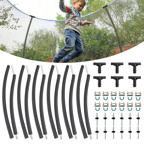 Heavy Duty 6 Pack Curved Trampoline Replacement Poles Universal Fit For Eight To Sixteen Foot Frames shown with hardware and a child jumping.