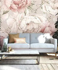 Living room with Watercolor Floral Removable Peel And Stick Wallpaper Mural In Pink Cream Green And Taupe 108 Sq Ft, sofa in front