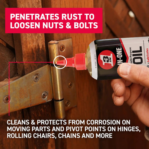 Applying Heavy-Duty Drip Oil With Marksman Twist Spout For Tough Jobs to rusty hinge, enhances lubrication and reduces friction.