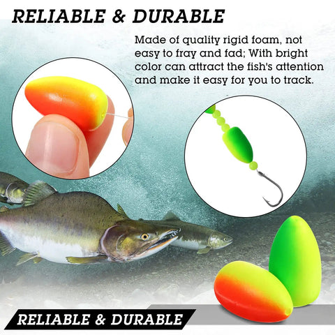 60 Piece Foam Floats Set For Fishing, Bullet Shaped Floats For Snell Rigs displayed with yellow-green and red-yellow colors