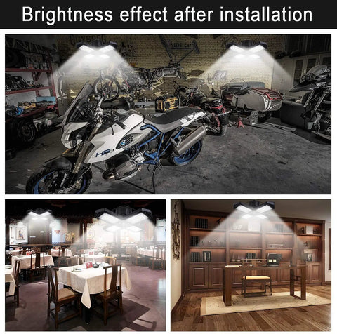 Two Pack 100W LED Garage Lights With Deformable Four Panel Heads, 10000 Lumens Daylight 6000K E26 Base installed in various settings