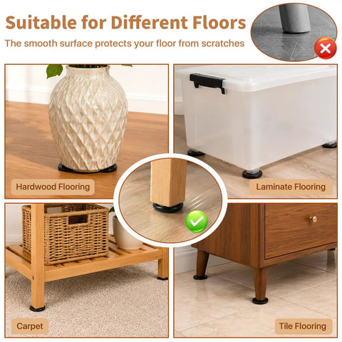 Heavy Duty Self Adhesive Furniture Sliders 36 Piece Set Features Rock Solid Grip For No Sweat Moving And Smooth Gliding On Wood Or Carpet Floors Super Durable Build shown under various furniture on hardwood, carpet, laminate, and tile floors.