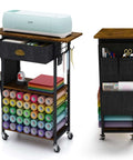 Mobile Craft Cart Organizer With Wheels For Cutting Tools Machines Vinyl Rolls And Heat Press Stand shown with storage