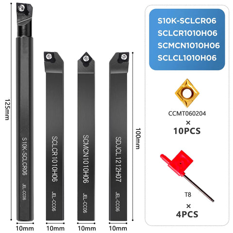 Lathe Tools Pro Grade 14 Piece Bit Set With Threading Holders And Boring Bars, Four Shanks Three Eighths Inch, Includes Ten Indexable Carbide Inserts CCMT060204 For Metal Lathe Projects, showing four shanks and carbide inserts.