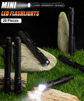 20 Pack Pen Light Flashlights, 5.12 Inch Aluminum Pocket LED Lights With Clip, displayed on grass and rocks, waterproof design