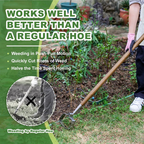Person standing in garden using 58 Inch Long Reach Stainless Steel Scuffle Hoe For Standing Weeding In Push Pull Motion Stirrup Style With Comfortable Wood Long Handle Ideal For Flower Beds And Between Plants Quick Bending Free Weeding For Garden