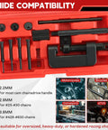 13 Piece Chain Breaker Kit For Motorcycles in red case showing rivet cutter, link cutter, and removal tool with compatibility chart