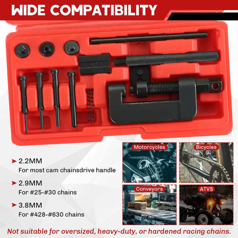 13 Piece Chain Breaker Kit For Motorcycles in red case showing rivet cutter, link cutter, and removal tool with compatibility chart