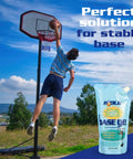Basketball player jumps near hoop with Ballast Gel For Basketball Hoops And Sign Bases, 16 oz pouch visible.