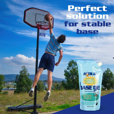 Basketball player jumps near hoop with Ballast Gel For Basketball Hoops And Sign Bases, 16 oz pouch visible.