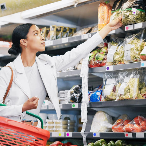 Person reaching for produce in supermarket aisle, surrounded by various packaged vegetables on shelves.