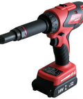 Heavy Duty 18V Cordless Brushless Rivet Gun With Ergonomic Grip And Quick Charge Battery, shown at an angle with swappable tips.