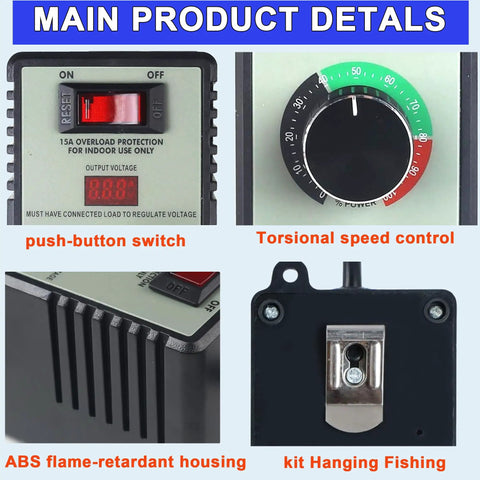 Main product details of Tough As Nails 15A Peak AC Motor Speed Controller with push-button switch and speed control knob.